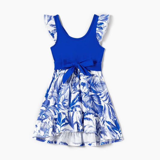 Family Matching Outfits Blue Colorblock Floral Tank Shirts and V Neck Tropical Floral Palm Leaves Print Dress - ChildAngle
