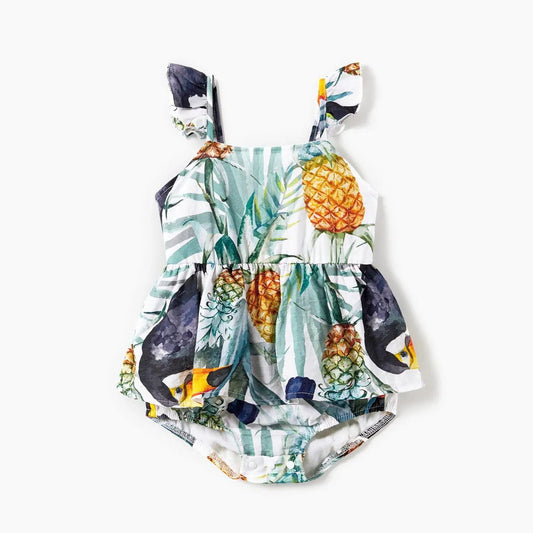 Family Matching Outfits Blue Colorblock T-Shirts and Button Up Tropical Print Pineapple Toucan Print Strap Dress - ChildAngle