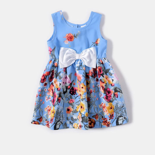 Family Matching Outfits Blue Floral Flutter Sleeve Waist Belted Dress and Stripe Flower Front Pocket Tee - ChildAngle