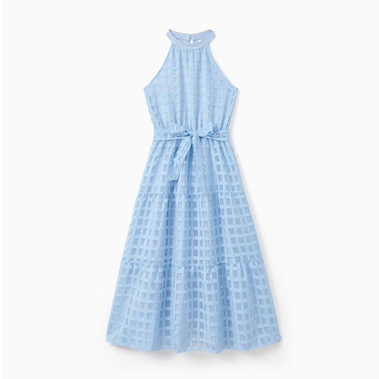 Family Matching Outfits Blue Vacation Mode Tee and Tiered Checkered Halter Dress - ChildAngle