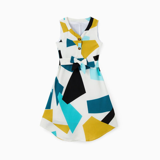Family Matching Colorblock Sleeveless Belted Dresses and T-shirts Sets - ChildAngle