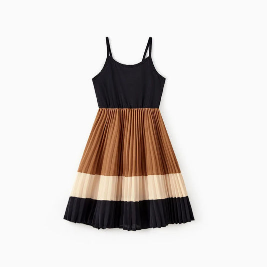Family Matching Outfits Colorblock Cami Strap Pleated Dress with Colorblock Polo Shirts - ChildAngle