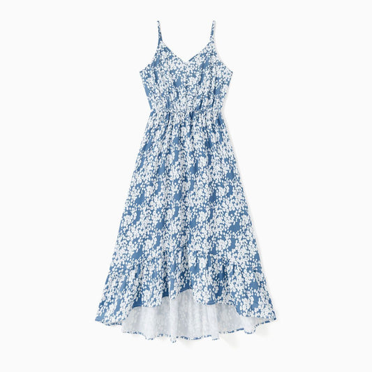 Family Matching Outfits Colorblock Front Pocket T-Shirts and Button Up Ruffle Hem Floral Strap Dress for Whole Family - ChildAngle