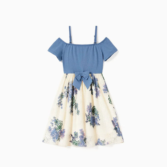 Family Matching Outfits Colorblock Front Pocket T-Shirts and Off Shoulder Floral Lace Bottom Dress - ChildAngle