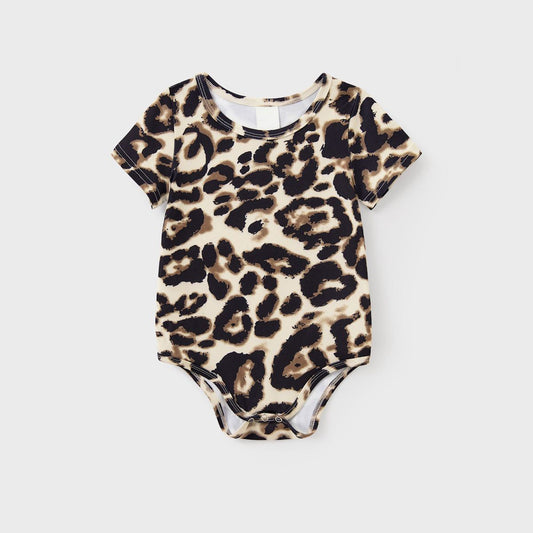 Family Matching Outfits Colorblock Matching Family Shirts and Cheetah Print Drawstring Bodycon Dress - ChildAngle