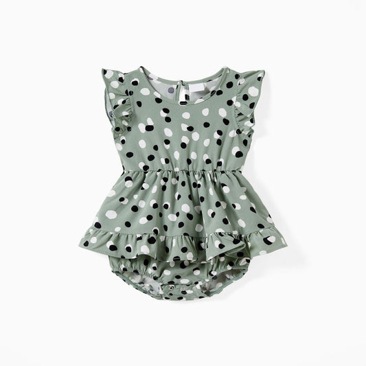 Family Matching Outfits Colorblock Polo Shirts and Halter Dot Pattern Irregular Ruffle Hem Dress - ChildAngle