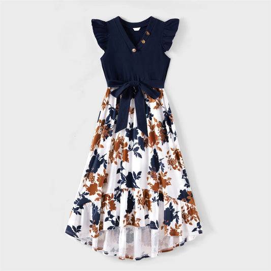 Family Matching Outfits Color Block Ribbed T-Shirts and Floral V Neck Flutter Sleeve Spliced Dress for Whole Family - ChildAngle