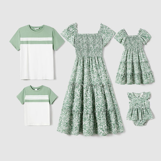 Family Matching Outfits Colorblock Shirt and Floral Square Neck Smocking Front Shirred Dress - ChildAngle