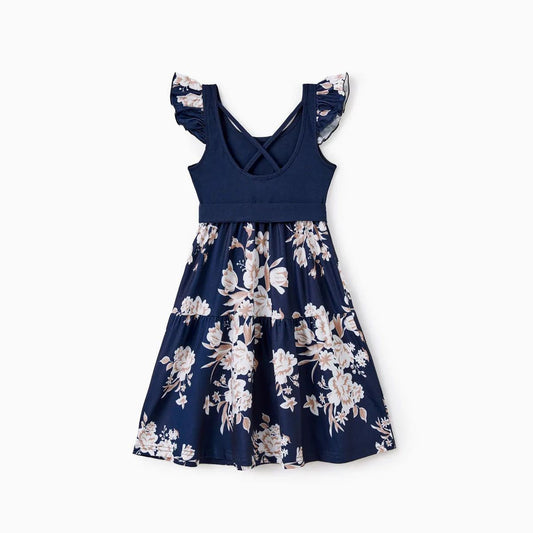 Family Matching Outfits Colorblock Shirt and Floral Tank Top Cross Back Dress - ChildAngle