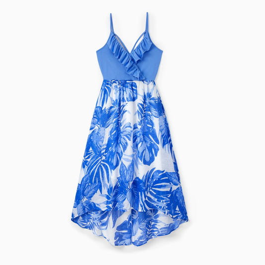 Family Matching Outfits Colorblock Tropical Floral Tee and Ruffle Neck Wrap Dress Strap Dress for Whole Family - ChildAngle