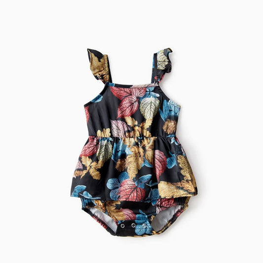 Family Matching Outfits Colorblock Black T-Shirts and V Neck Colorful Leaves Print Floral Wrap Dress with Hidden Snap - ChildAngle