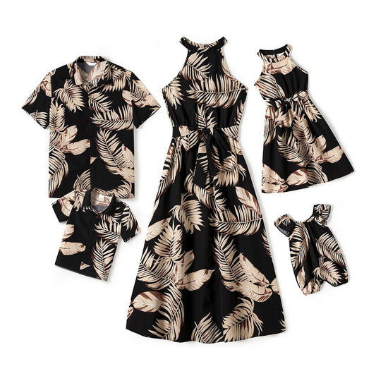 Family Matching Outfits Black Floral Short Sleeve Matching Family Shirts and Floral Sleeveless Halter Dress - ChildAngle