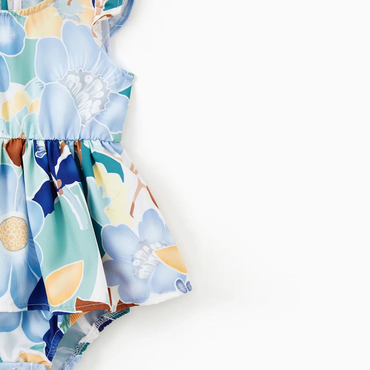 Family Matching Outfits Green Colorblock and Flutter Sleeves Belted Blue Floral Dress - ChildAngle