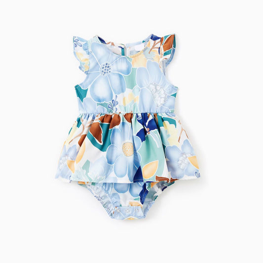 Family Matching Outfits Green Colorblock and Flutter Sleeves Belted Blue Floral Dress - ChildAngle