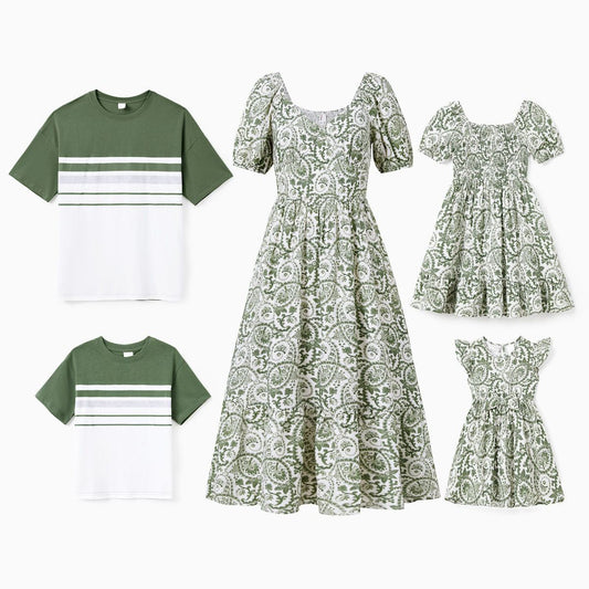 Family Matching Outfits Green Colorblock T Shirts with Green Pattern Puff Sleeve Dress - ChildAngle