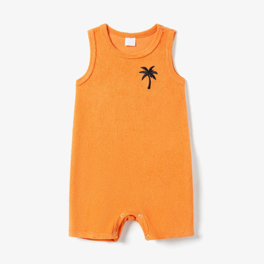 Family Matching Outfits Orange Tank Top Matching Family Shirts and Orange Bodycon Tank Dress with Embroidered Palm Tree Design - ChildAngle