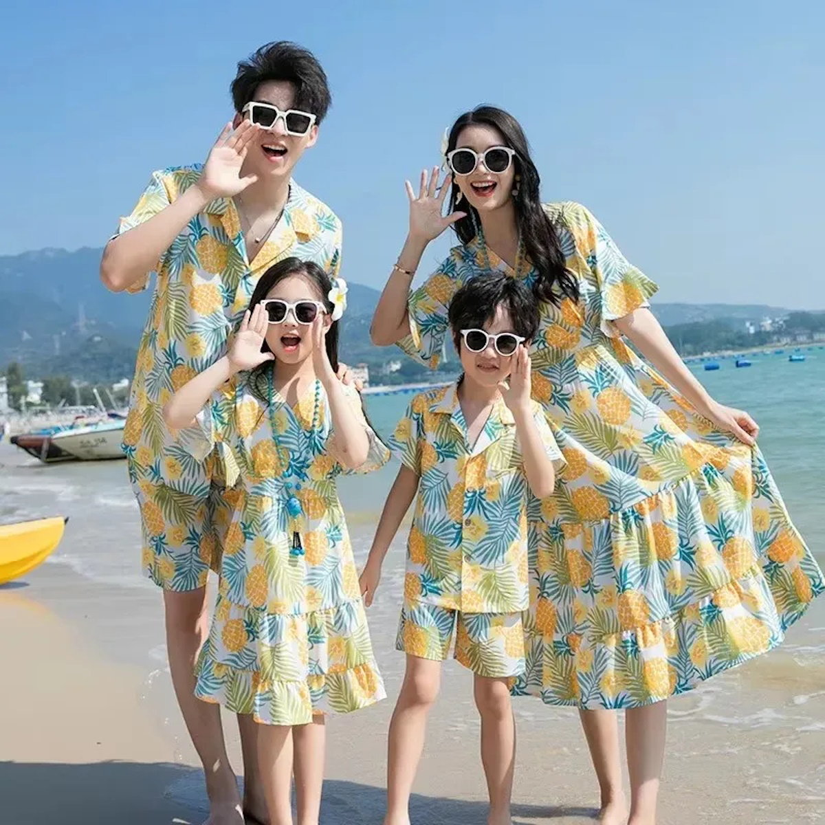 Family of four wearing matching pineapple print dresses Pineapple Family Matching Outfits - ChildAngle