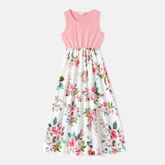 Family Matching Outfits Pink Sleeveless Splicing Floral Midi Dresses and Colorblock Polo Shirts for Whole Family - ChildAngle