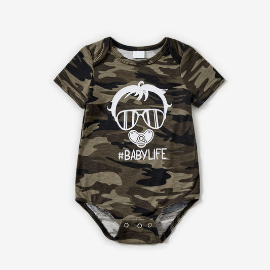Family Matching Outfits Portrait Printed Camo T-Shirts and Bodycon Dress - ChildAngle
