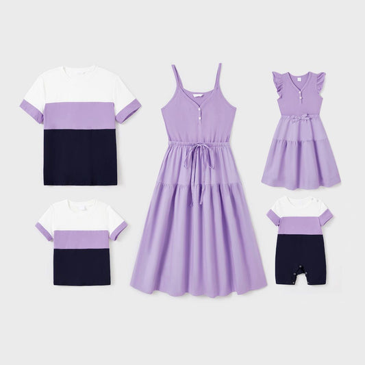 Family Matching Outfits Purple Colorblock Shirt and Solid Color Lavender Purple Elastic Waist Button Strap Dress - ChildAngle