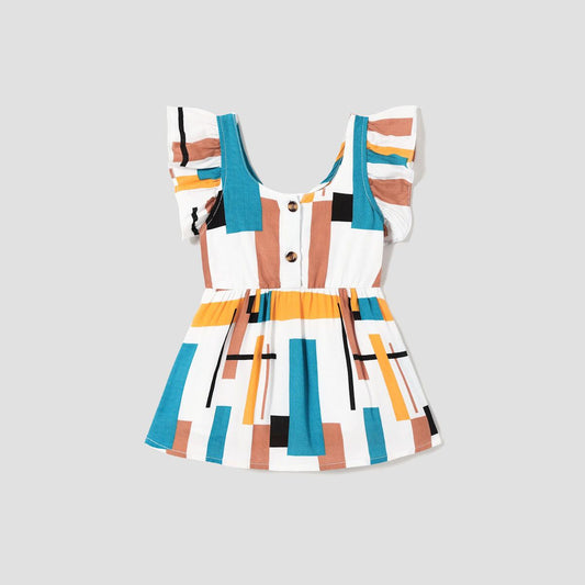 Family Matching Outfits Raglan Sleeve Tee and Geometric Pattern Button Strap Dress - ChildAngle