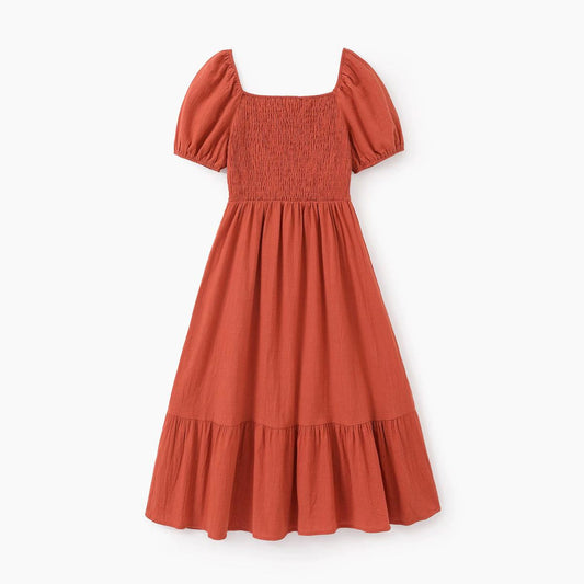 Family Matching Outfits Shirred Puff Sleeve Tiered Dresses Plaid Long Sleeve Polo Shirts - ChildAngle