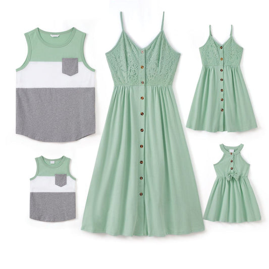 Family Matching Outfits Sleeveless Colorblock Tank Top and Green Button Up Lace Up Strap Dress - ChildAngle