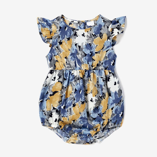 Family Matching Outfits Solid Color Blue Raglan Matching Family Shirts and Floral Shirred Tiered Dress - ChildAngle