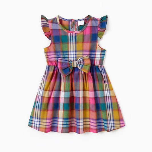 Family Matching Outfits Solid Color Matching T-Shirts and Preppy Style Ruffle Hem Plaid Strappy Dress - ChildAngle