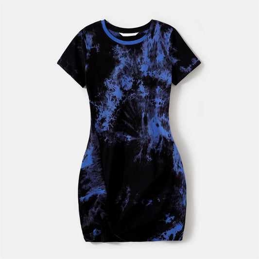 Family Matching Outfits Tie Dye Twist Knot Bodycon Dress and Tie Dye T-Shirts - ChildAngle