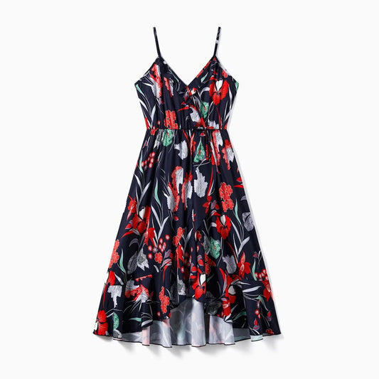 Family Matching Outfits Tropical Floral Ruffle Hem Dress with Beach Shirts - ChildAngle