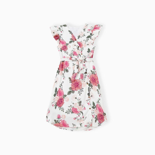 Family Matching Outfits Tropical Floral Wrap Dress Colorblock T-Shirts - ChildAngle