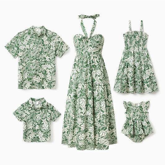 Family Matching Outfits Tropical Leaf Matching Family Shirts and Dress with Palm Leaves Print - ChildAngle