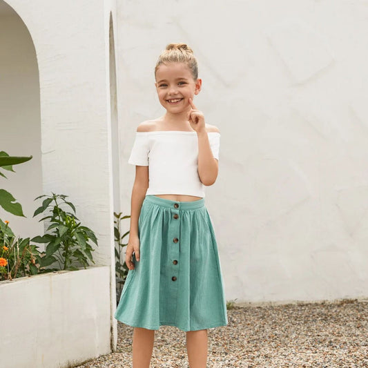 Family Matching Outfits White Slogan Tee and Mint Green Button Skirt with White Top - ChildAngle