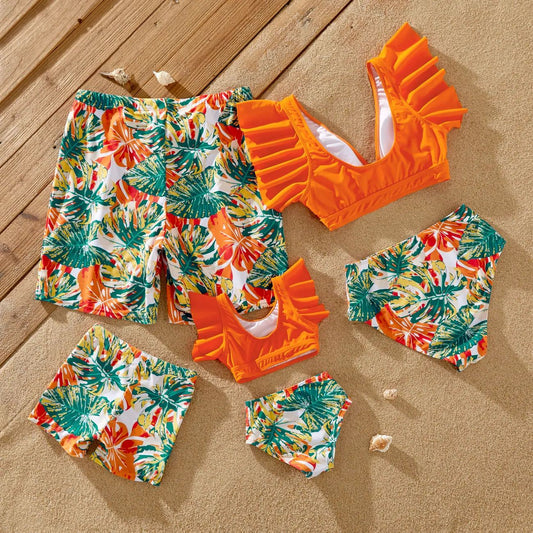Matching Family Swimsuit Floral Orange Ruffle Bikini Set Bathing Suit