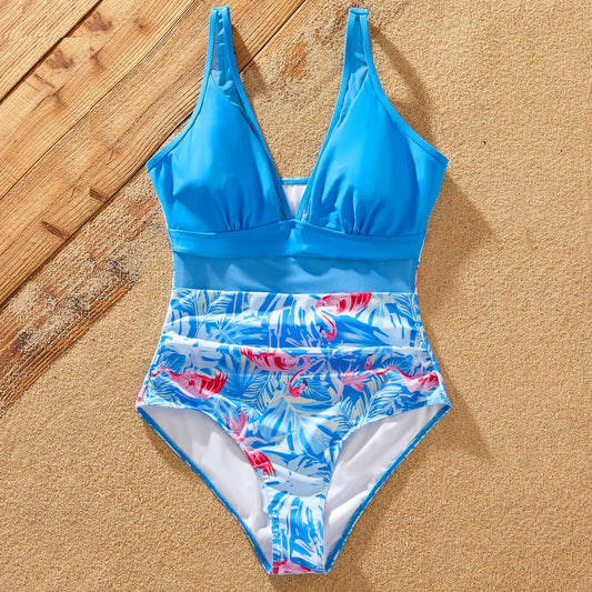 Flagmingo Print Blue Swim Trunks with One Piece Tropical Swimsuit - ChildAngle