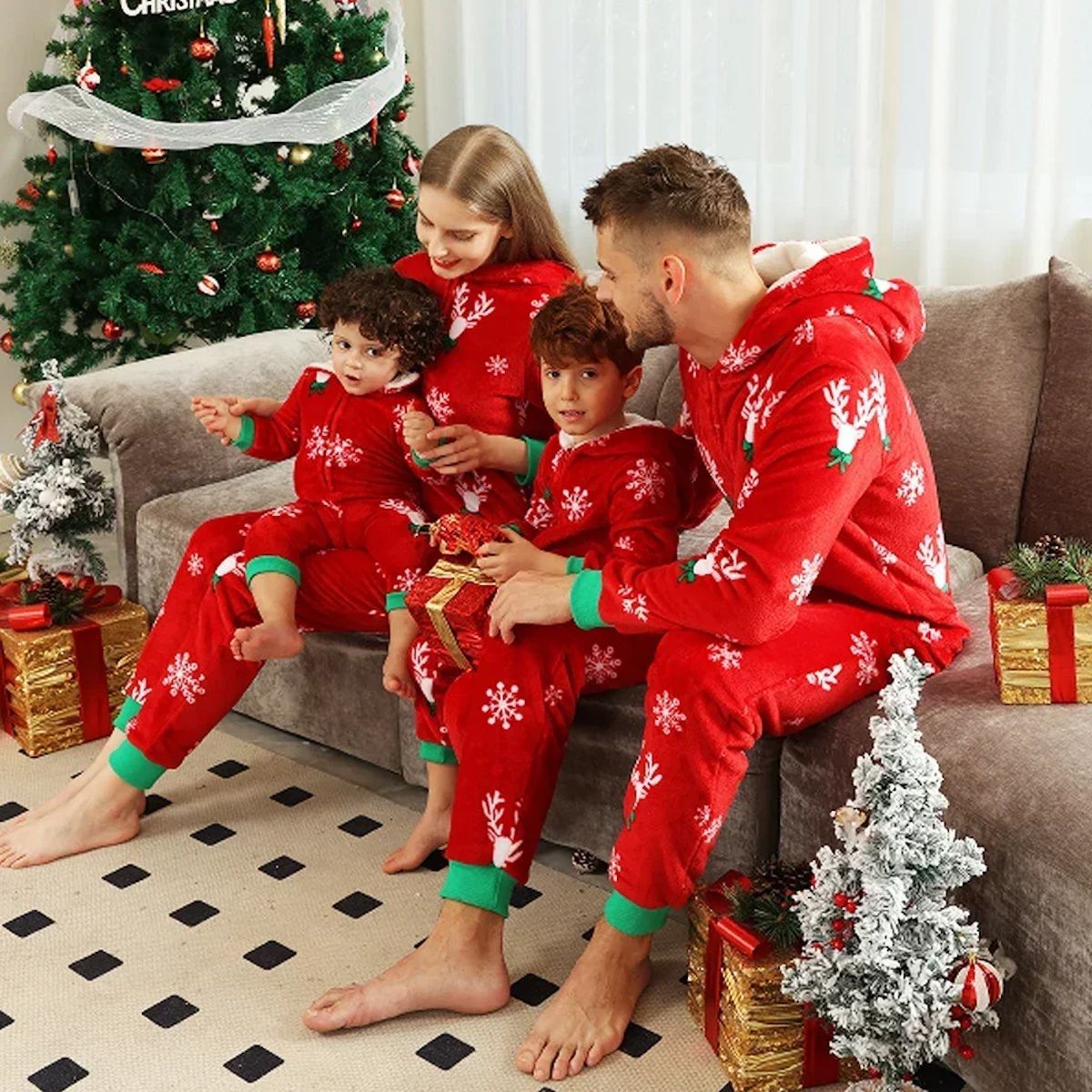 Flannel Family Matching Christmas PJS Onesie Pyjamas Snowflake Reindeer Pajama Set - ChildAngle