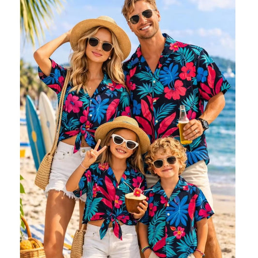 Hawaiian Matching Family Shirts Set for Vacation Tropical Flower Palm Leaves Beach Outfits - ChildAngle