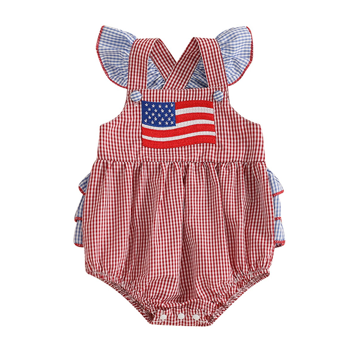 Baby rompers with American flag design flutter shoulder plaid checkered baby outfits - ChildAngle