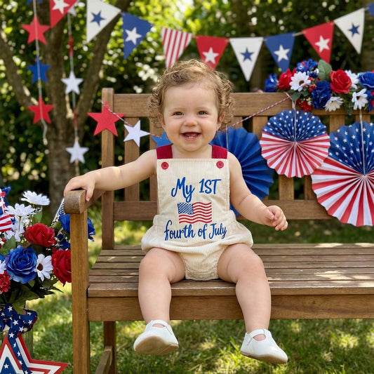 ChildAngle Infant Two baby rompers with 'My First USA 4th of July' text