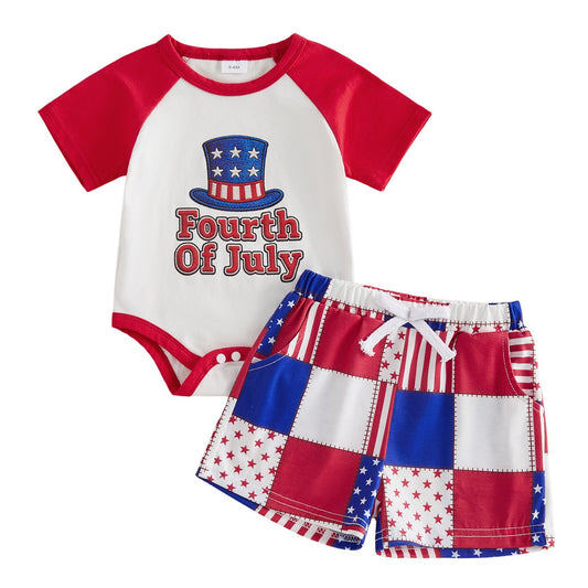 Uncle Sam Hat Fourth of July Baby Romper with Stars and Stripe Colorblock Shorts Set - ChildAngle