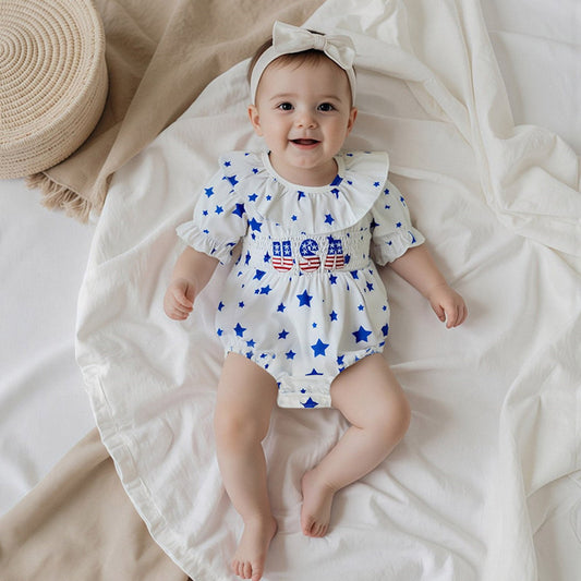 Star Print USA Letter Print Falbala Ruffle Sleeve Baby Romper - ChildAngle