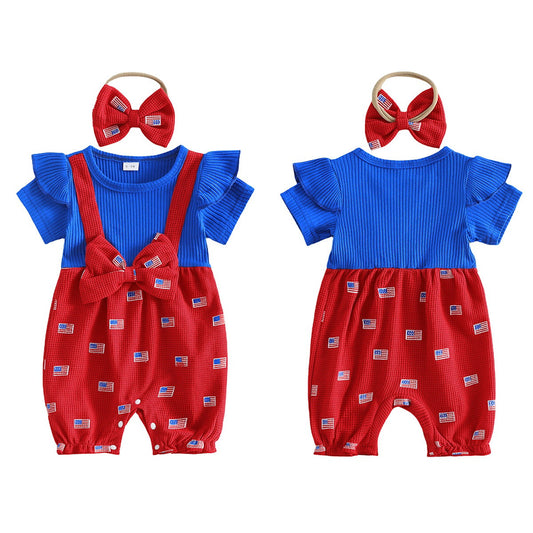 Infant 4th of July Outfits American Flag Ribbed Onesie Bowknot Outfits with Headband - ChildAngle Independence Day Outfits for Babies