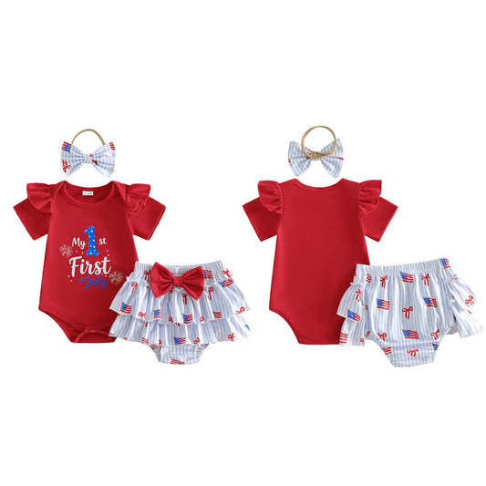 Infant My 1st First 4th of July Baby Romper with Tiered Shorts with Headband - ChildAngle