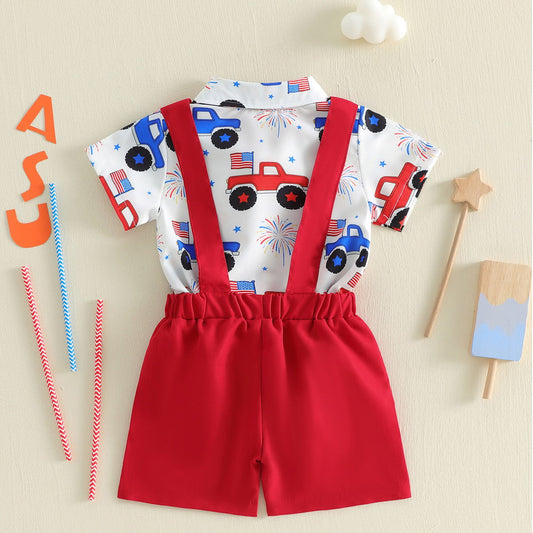 Infant Boys 4th of July Outfits American Flag on Truck Baby Romper and Red Overalls Shorts - ChildAngle Independence Day Outfits