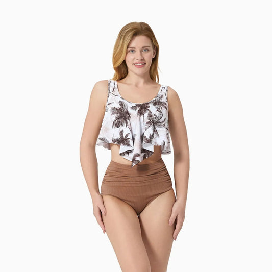 Khaki Coconut Tree Print Tankini Ruched Button Family Matching Swimsuits and Coconut Tree Drawstring Swim Trunks - ChildAngle