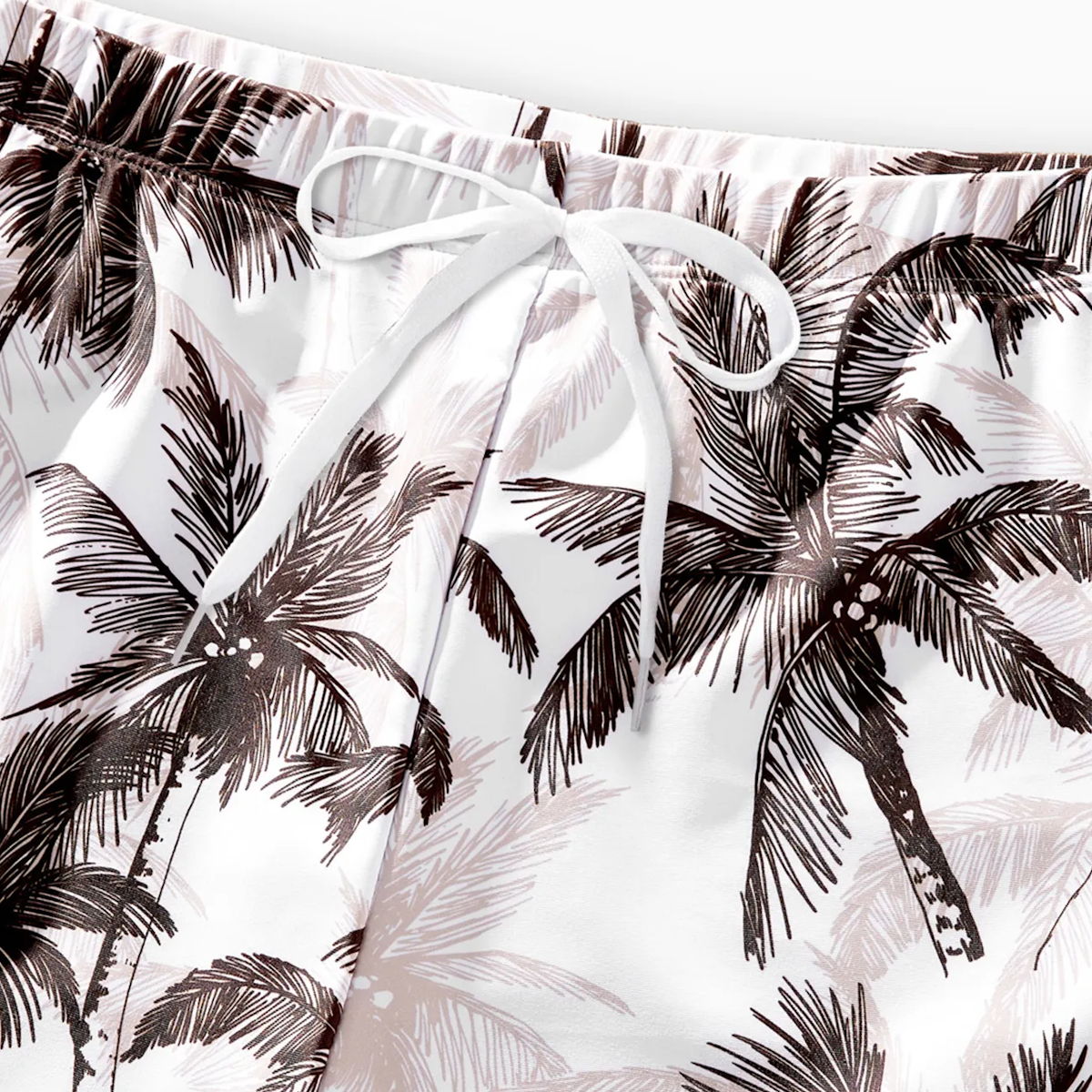 Khaki Coconut Tree Print Tankini Ruched Button Family Matching Swimsuits and Coconut Tree Drawstring Swim Trunks - ChildAngle