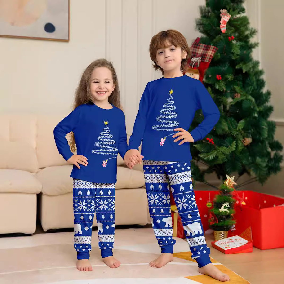 Matching Christmas PJS Snowflake Santa Claus Polar Bear Christmas Tree Pyjamas Set - ChildAngle