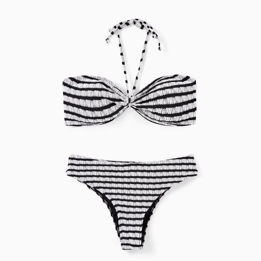 Matching Family Swimsuits Black Striped Strapless Neck Tie Two Piece Swimsuits Drawstring Swim Trunks - ChildAngle