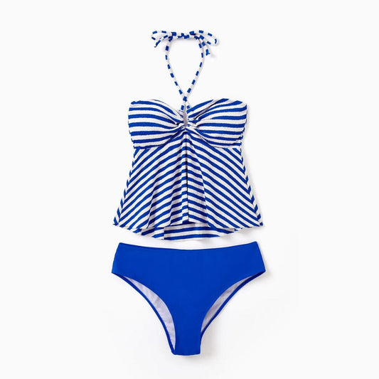 Matching Family Swimsuits Blue Striped Halter Neck Two Pieces Tankini Swimsuits and Swim Trunks Shorts - ChildAngle